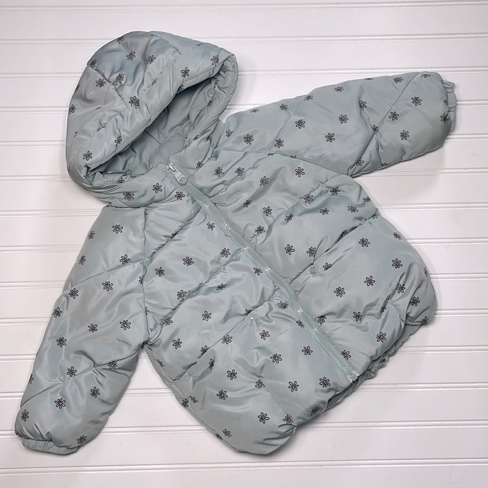 ZARA Girls Fleece Lined Flower Print Hooded Puffer Jacket